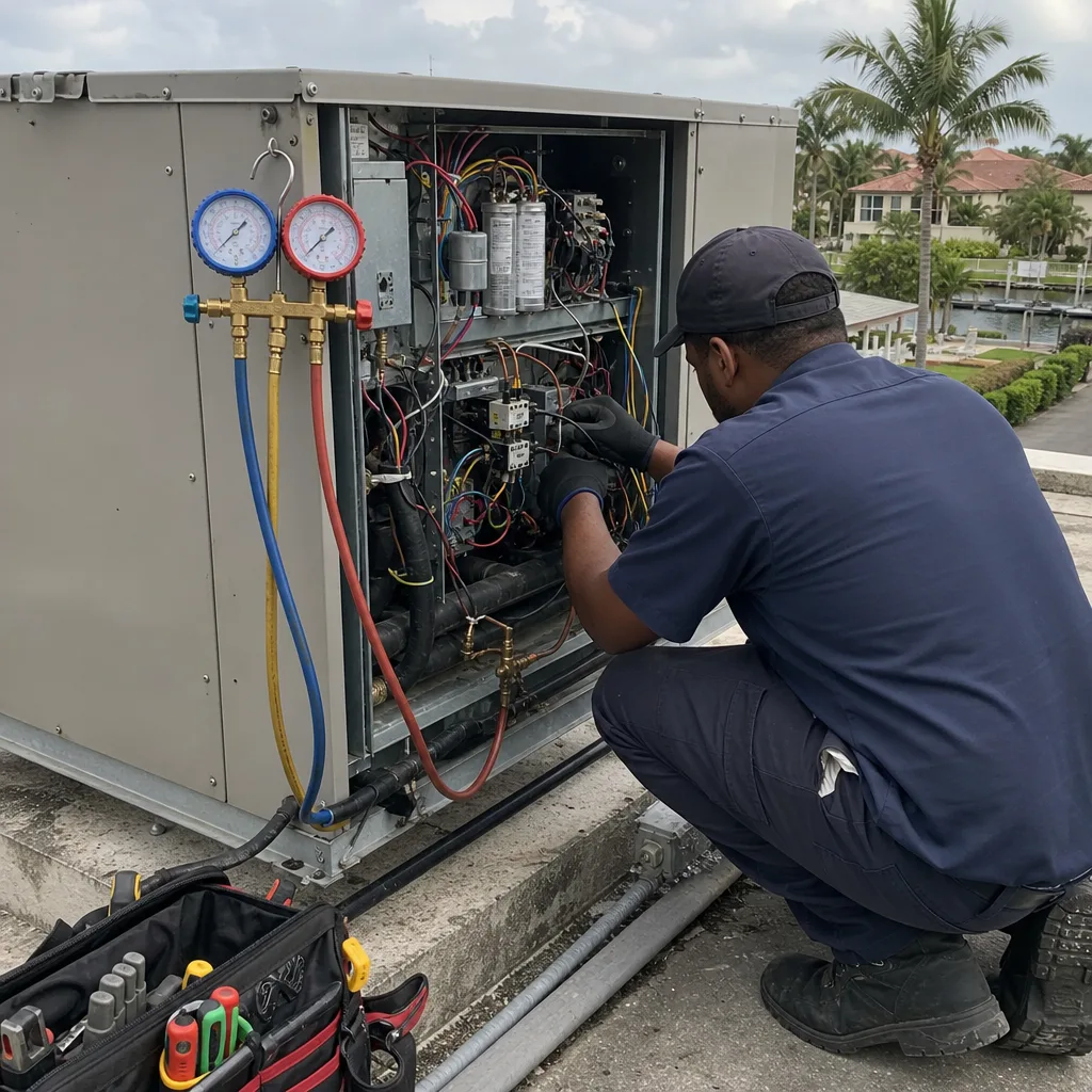 Technician performing professional AC maintenance on a rooftop HVAC unit in West Palm Beach, FL