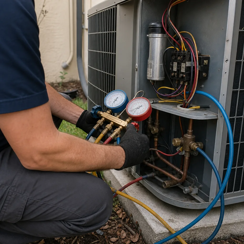 Technician using manifold gauges to perform professional residential air conditioner repair.