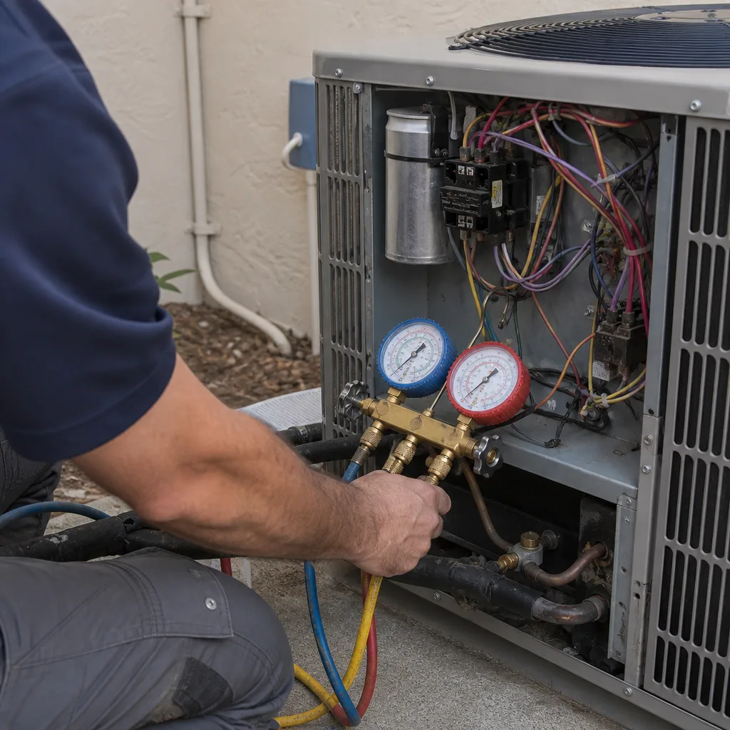 HVAC technician using manifold gauges to perform professional air conditioning repair