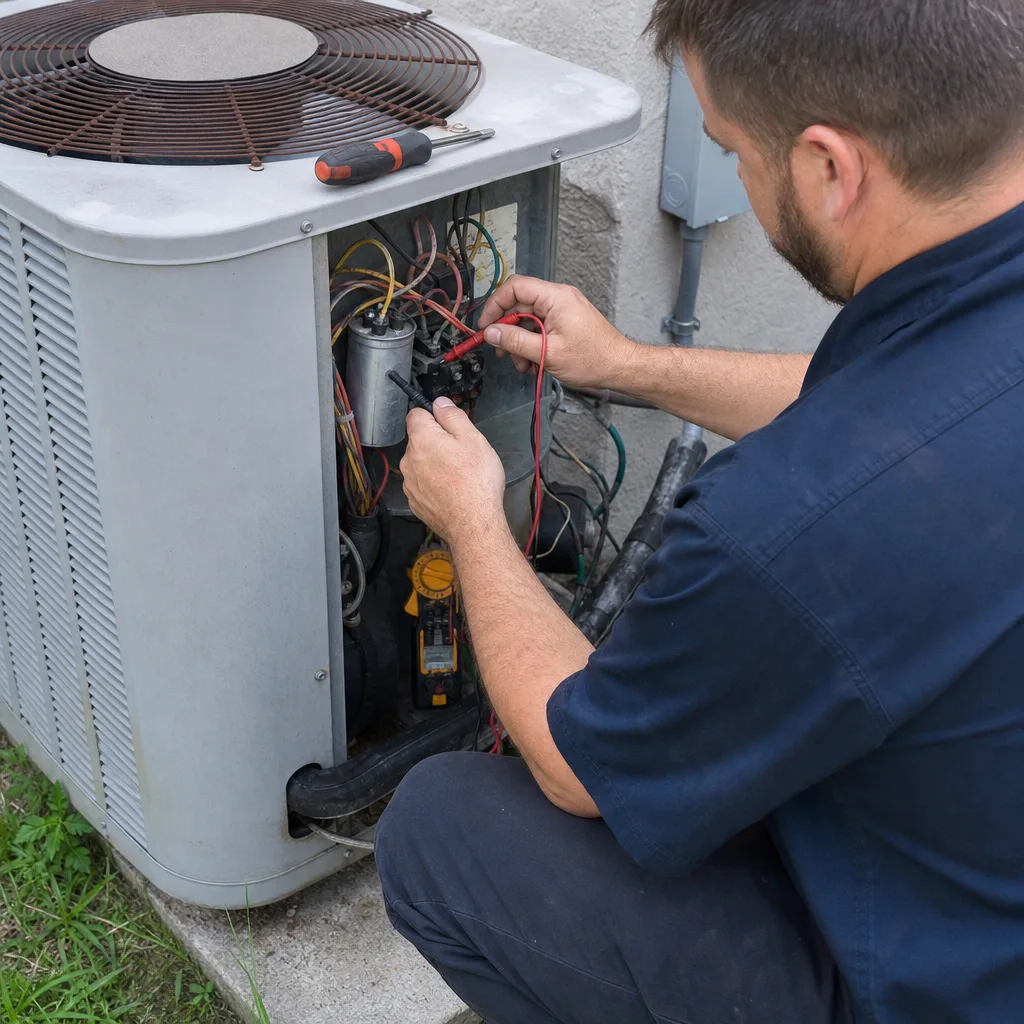HVAC technician testing an air conditioner capacitor with a multimeter