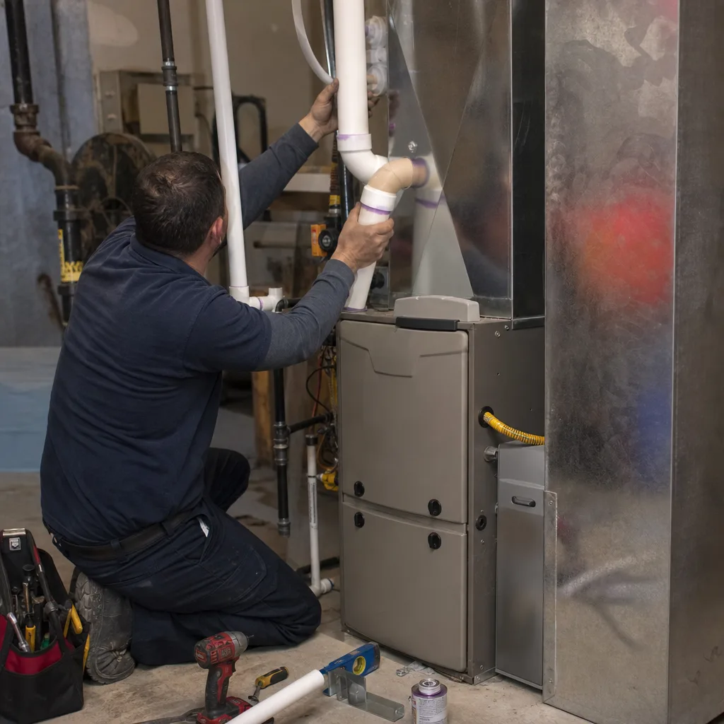 Technician performing professional furnace repair and HVAC maintenance work