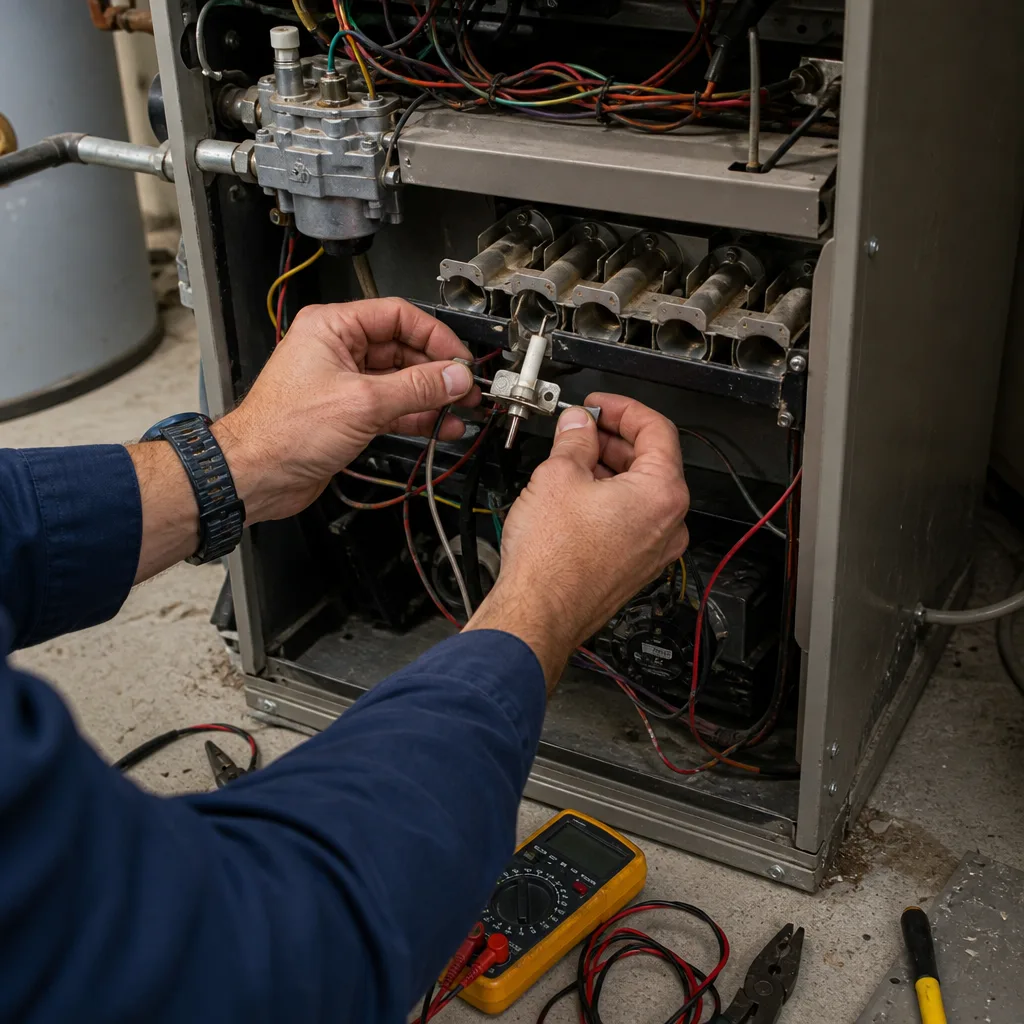 Technician performing professional furnace repair and diagnostic testing on HVAC system.