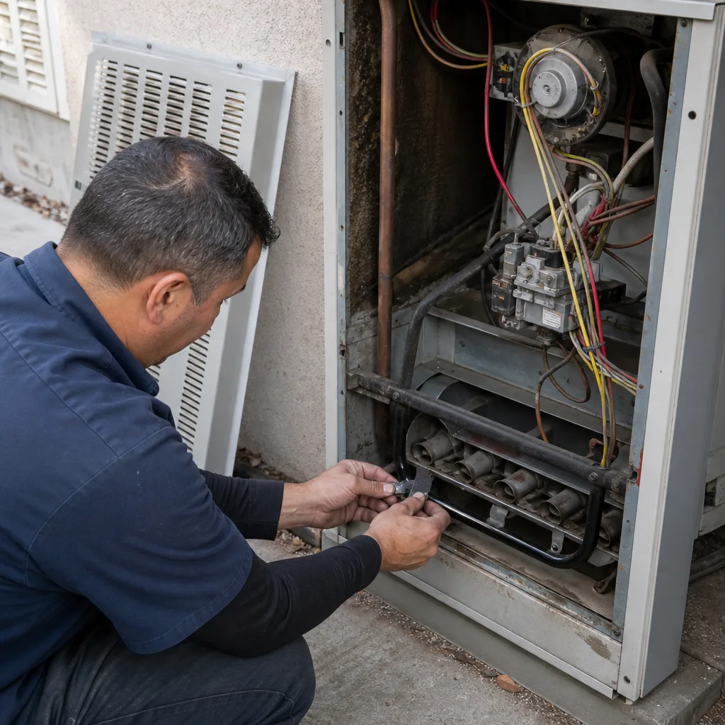 HVAC technician performing professional furnace repair and maintenance on home heating system